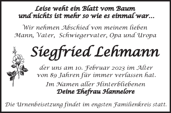 Traueranzeige von Siegfried Lehmann von Märkische Oderzeitung