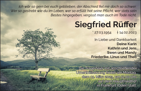 Traueranzeige von Siegfried Rüffer von Märkische Oderzeitung