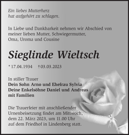 Traueranzeige von Sieglinde Wieltsch von Märkische Oderzeitung