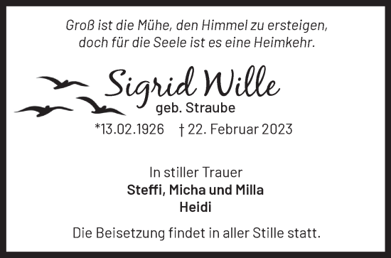 Traueranzeige von Sigrid Wille von Märkische Oderzeitung