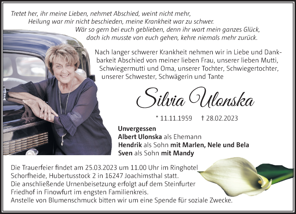  Traueranzeige für Silvia Ulonska vom 07.03.2023 aus Märkische Oderzeitung