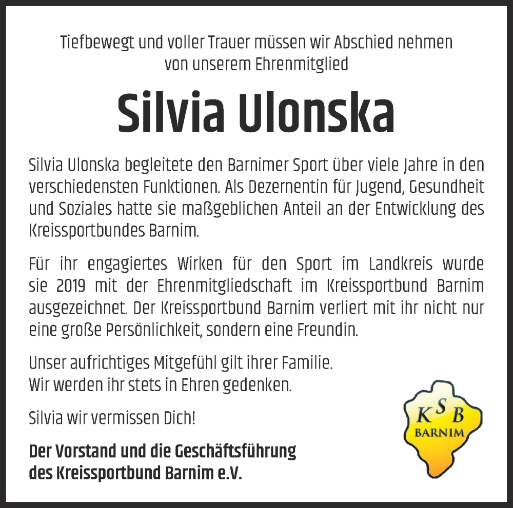  Traueranzeige für Silvia Ulonska vom 19.03.2023 aus Märkische Oderzeitung