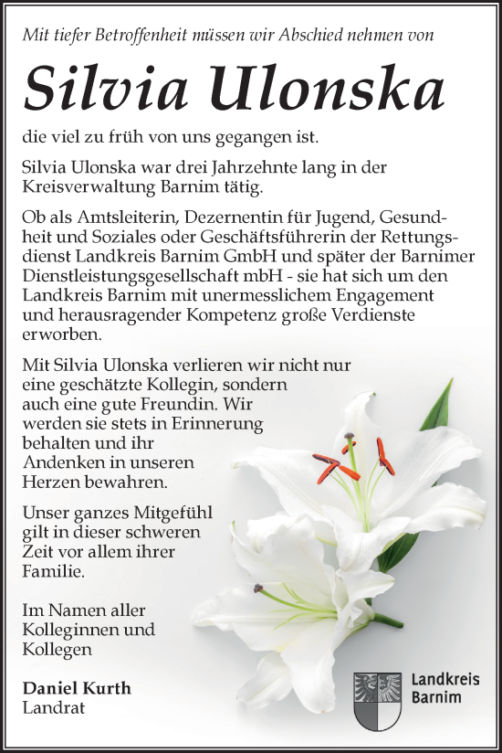 Traueranzeige von Silvia Ulonska von Märkische Oderzeitung