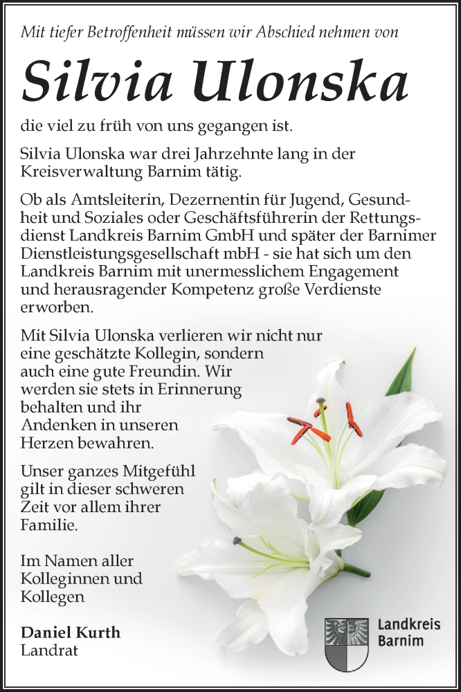  Traueranzeige für Silvia Ulonska vom 08.03.2023 aus Märkische Oderzeitung