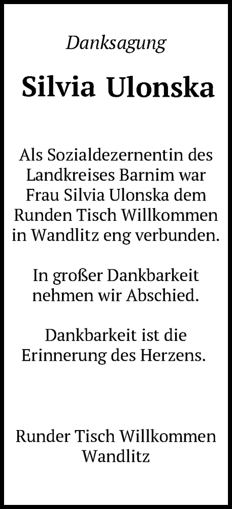 Traueranzeige von Silvia Ulonska von Märkische Oderzeitung