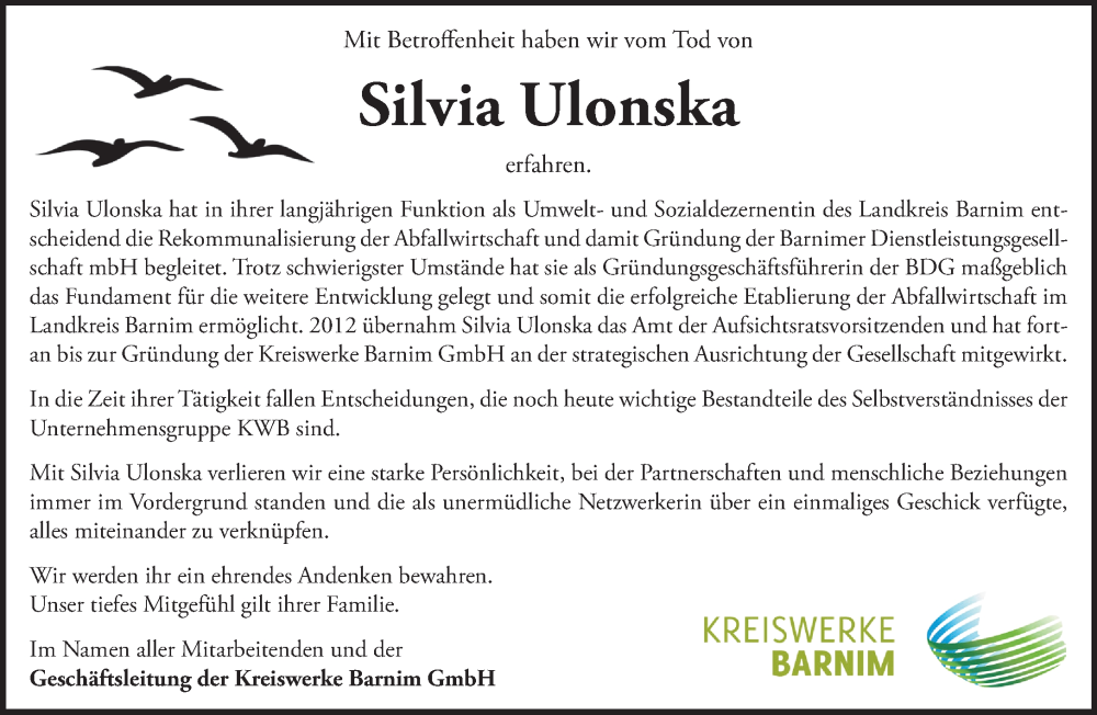  Traueranzeige für Silvia Ulonska vom 11.03.2023 aus Märkische Oderzeitung
