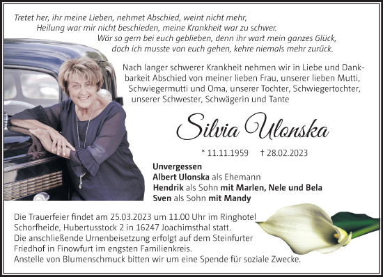 Traueranzeige von Silvia Ulonska von Märkische Oderzeitung