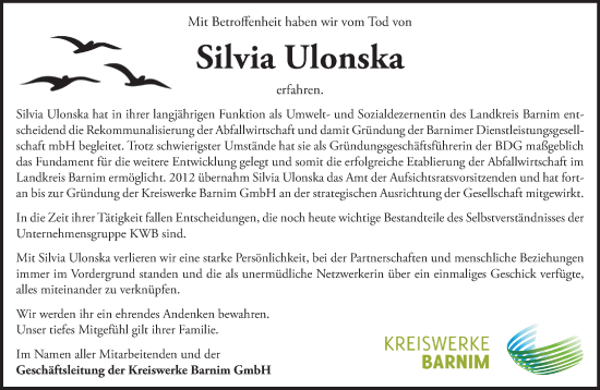 Traueranzeige von Silvia Ulonska von Märkische Oderzeitung