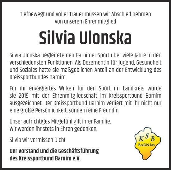 Traueranzeige von Silvia Ulonska von Märkische Oderzeitung