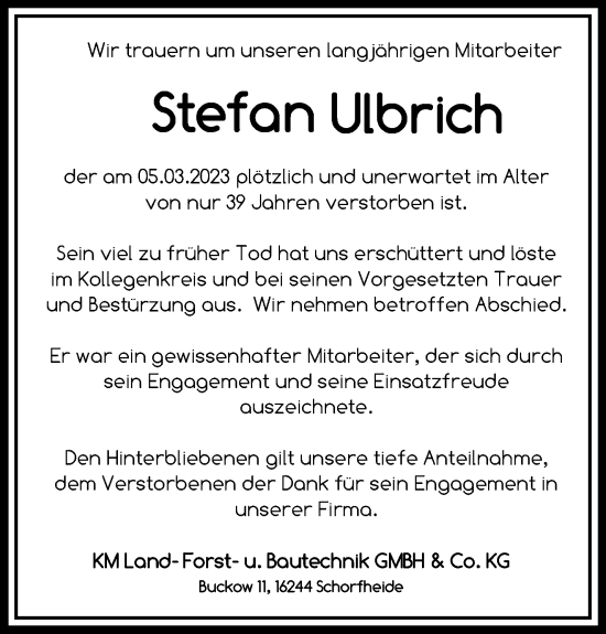 Traueranzeige von Stefan Ulbrich von Märkische Oderzeitung