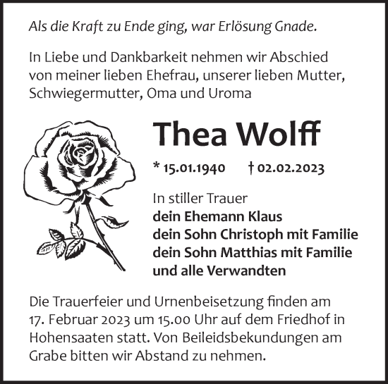 Traueranzeige von Thea Wolff von Märkische Oderzeitung