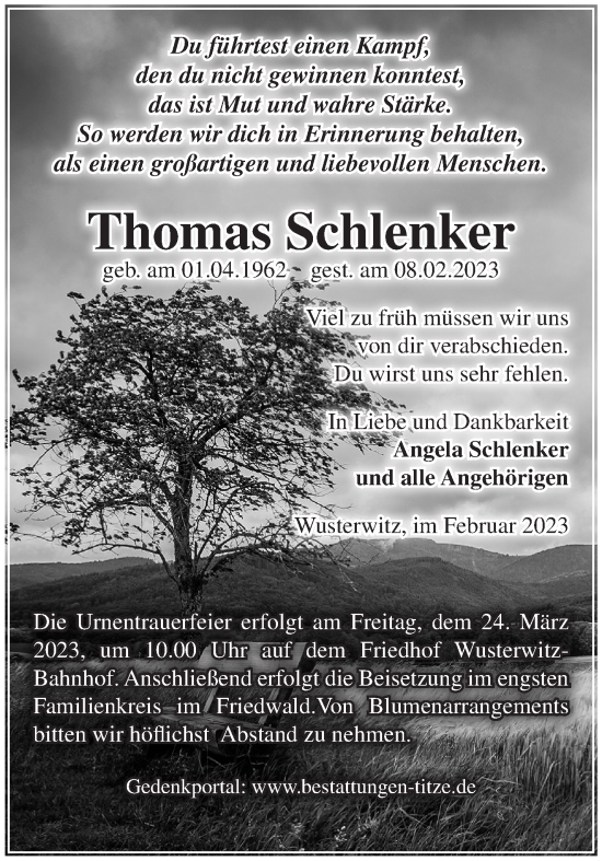 Traueranzeige von Thomas Schlenker von Märkische Oderzeitung