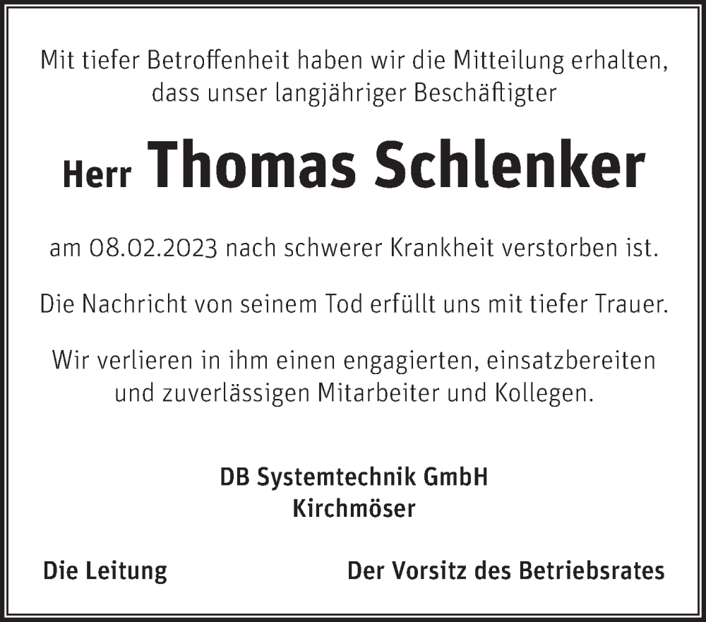  Traueranzeige für Thomas Schlenker vom 01.03.2023 aus Märkische Oderzeitung