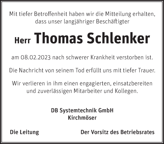 Traueranzeige von Thomas Schlenker von Märkische Oderzeitung