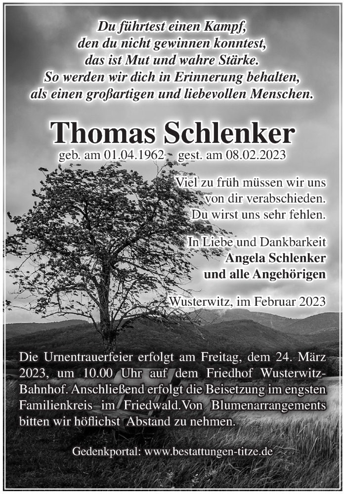  Traueranzeige für Thomas Schlenker vom 19.03.2023 aus Märkische Oderzeitung