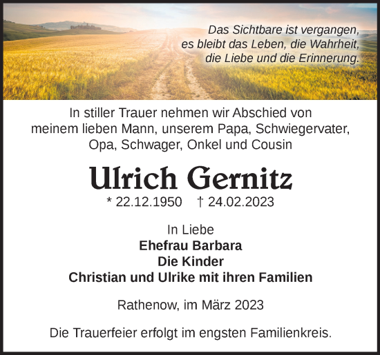 Traueranzeige von Ulrich Gernitz von Märkische Oderzeitung