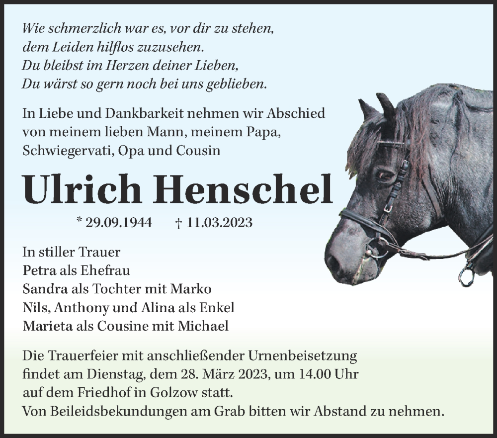  Traueranzeige für Ulrich Henschel vom 25.03.2023 aus Märkische Oderzeitung