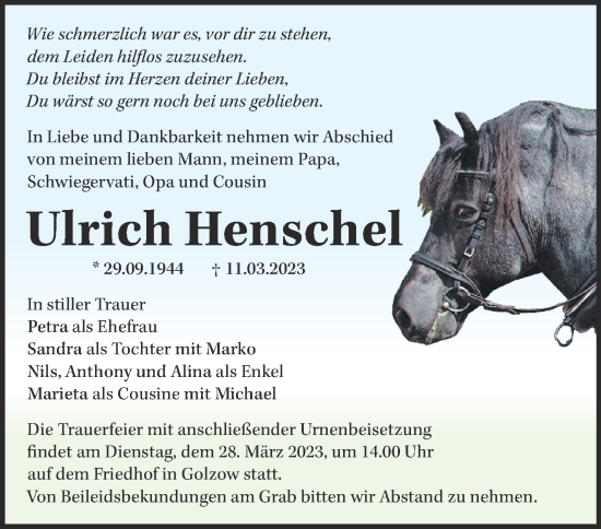 Traueranzeige von Ulrich Henschel von Märkische Oderzeitung