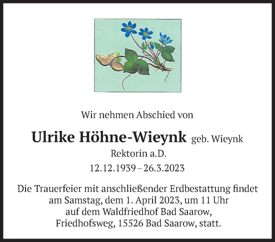 Traueranzeige von Ulrike Höhne-Wieynk von Märkische Oderzeitung