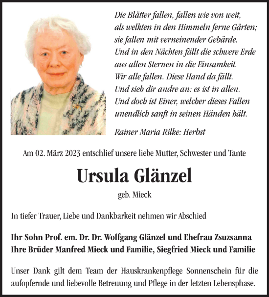 Traueranzeige von Ursula Glänzel von Märkische Oderzeitung