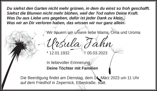 Traueranzeige von Ursula Jahn von Märkische Oderzeitung