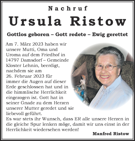 Traueranzeige von Ursula Ristow von Märkische Oderzeitung