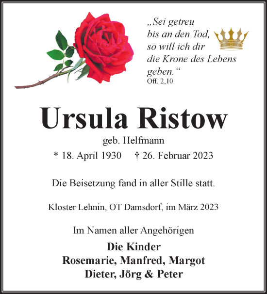 Traueranzeige von Ursula Ristow von Märkische Oderzeitung