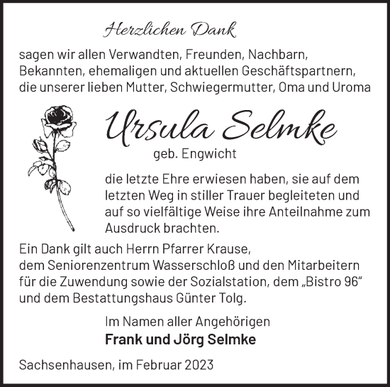 Traueranzeige von Ursula Selmke von Märkische Oderzeitung