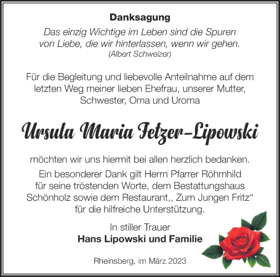 Traueranzeige von Ursula Maria Fetzer-Lipowski von Märkische Oderzeitung