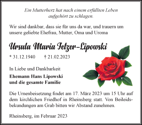 Traueranzeige von Ursula Maria Fetzer-Lipowski von Märkische Oderzeitung