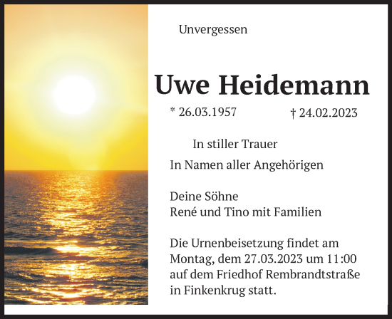 Traueranzeige von Uwe Heidemann von Märkische Oderzeitung