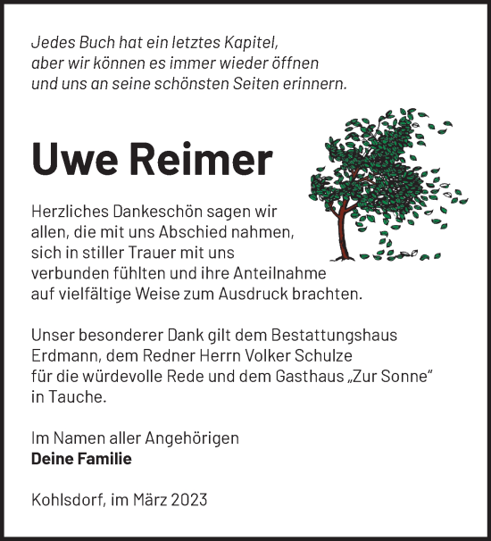 Traueranzeige von Uwe Reimer von Märkische Oderzeitung