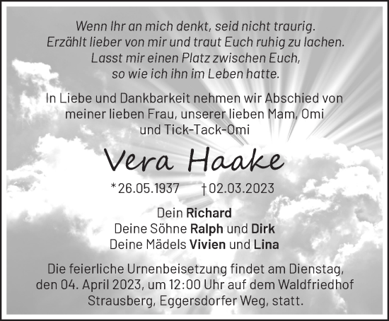 Traueranzeige von Vera Haake von Märkische Oderzeitung