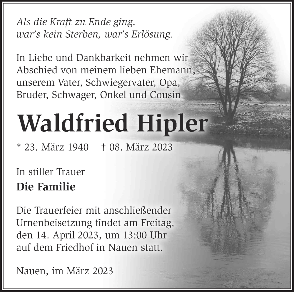  Traueranzeige für Waldfried Hipler vom 19.03.2023 aus Märkische Oderzeitung
