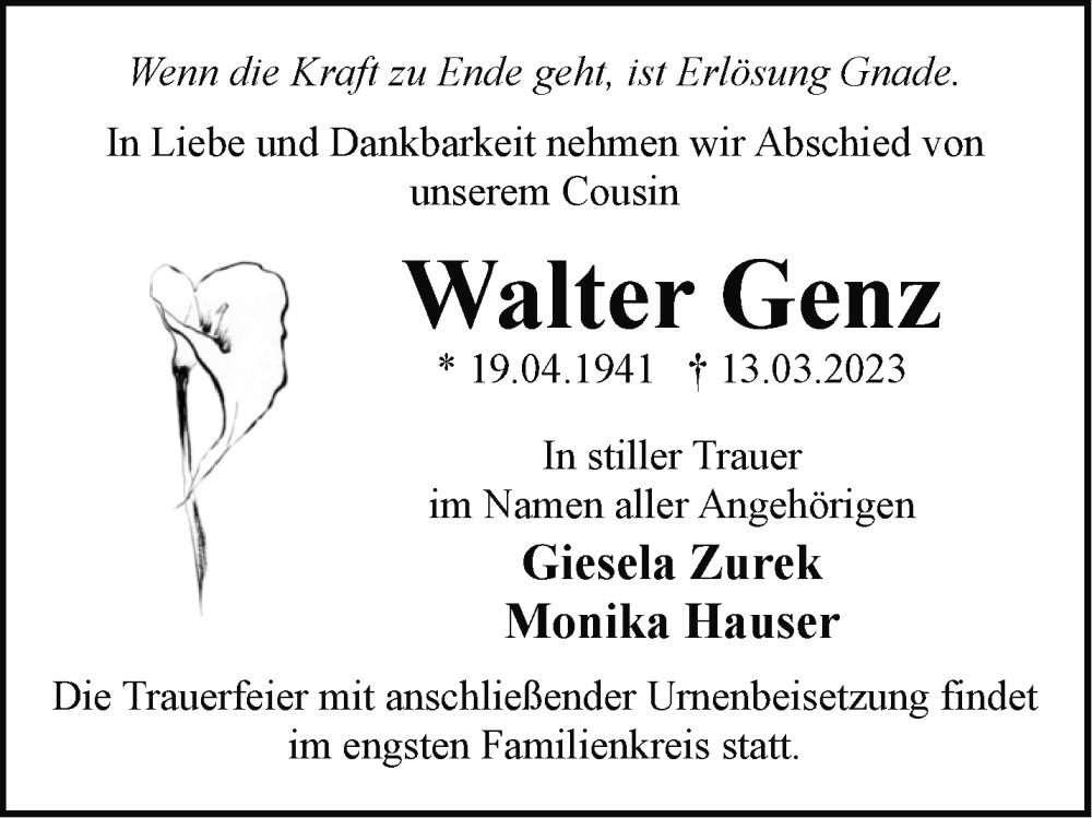  Traueranzeige für Walter Genz vom 18.03.2023 aus Märkische Oderzeitung