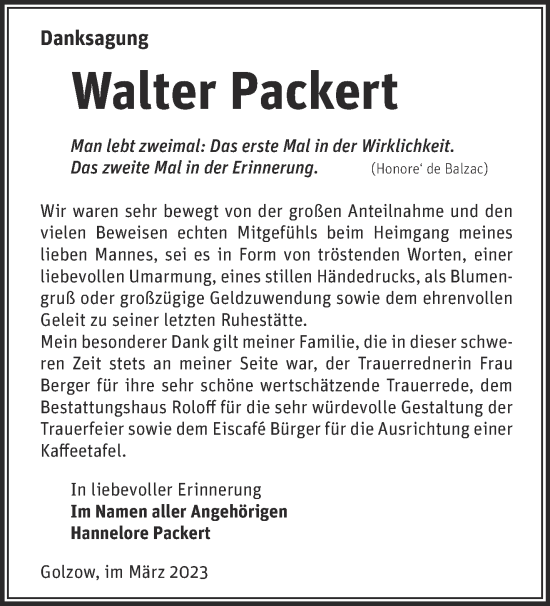 Traueranzeige von Walter Packert von Märkische Oderzeitung