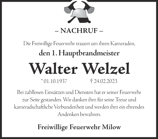 Traueranzeige von Walter Welzel von Märkische Oderzeitung