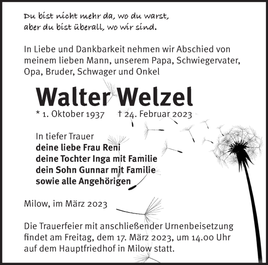 Traueranzeige von Walter Wetzel von Märkische Oderzeitung