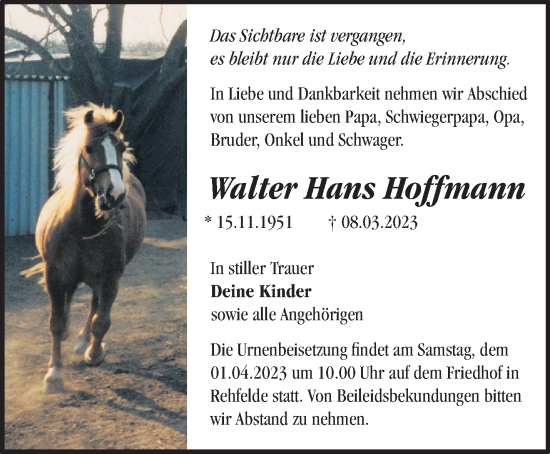 Traueranzeige von Walter Hans Hoffmann von Märkische Oderzeitung