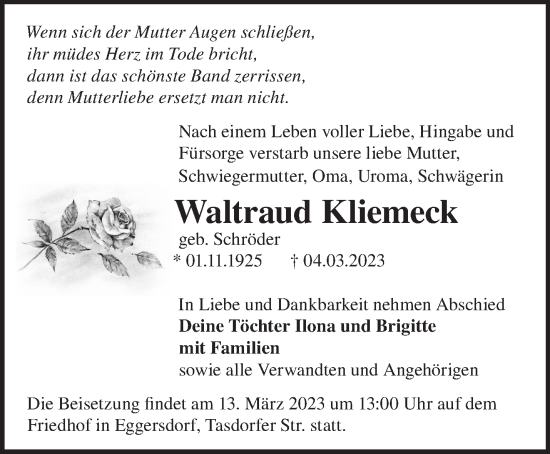 Traueranzeige von Waltraud Kliemeck von Märkische Oderzeitung