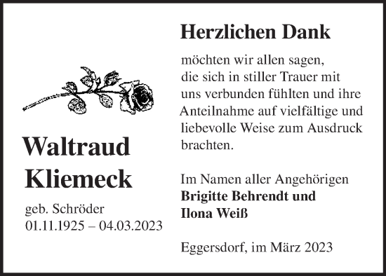 Traueranzeige von Waltraud Kliemeck von Märkische Oderzeitung