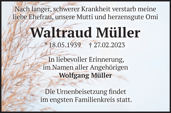 Traueranzeige von Waltraud Müller von Märkische Oderzeitung