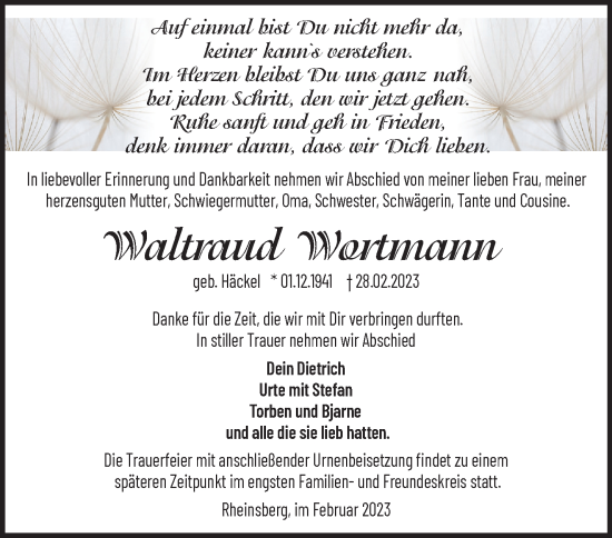 Traueranzeige von Waltraud Wortmann von Märkische Oderzeitung