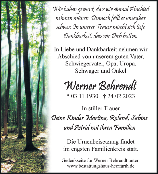 Traueranzeige von Werner Behrendt von Märkische Oderzeitung