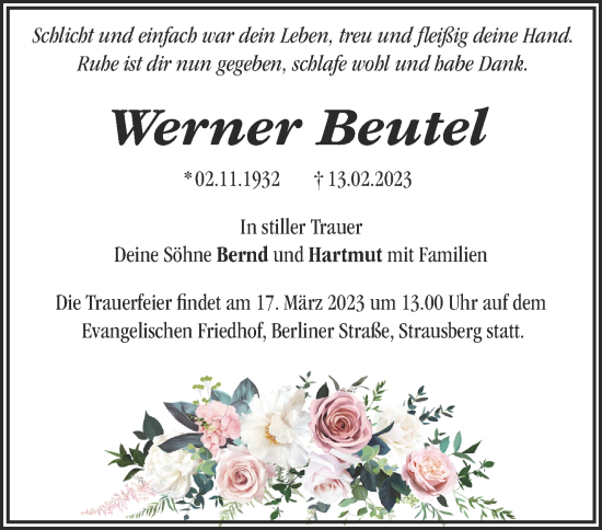 Traueranzeige von Werner Beutel von Märkische Oderzeitung