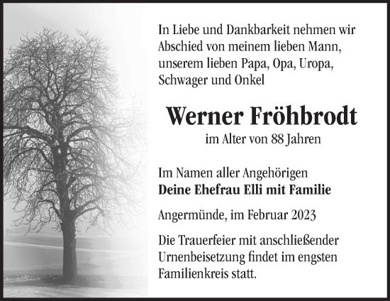 Traueranzeige von Werner Fröhbrodt von Märkische Oderzeitung