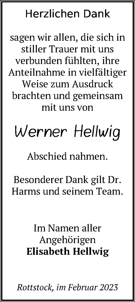 Traueranzeige von Werner Hellwig von Märkische Oderzeitung