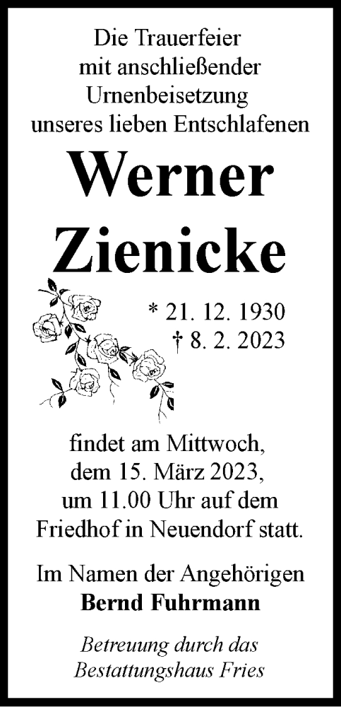 Traueranzeige von Werner Zienicke von Märkische Oderzeitung