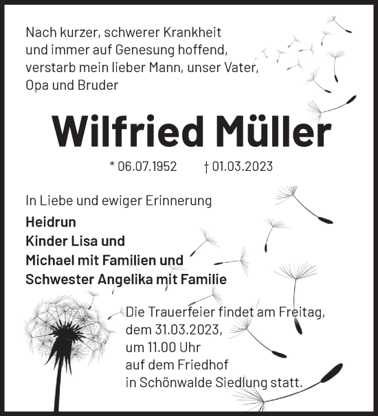 Traueranzeige von Wilfried Müller von Märkische Oderzeitung