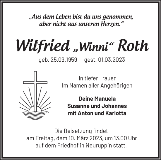 Traueranzeige von Wilfried Roth von Märkische Oderzeitung